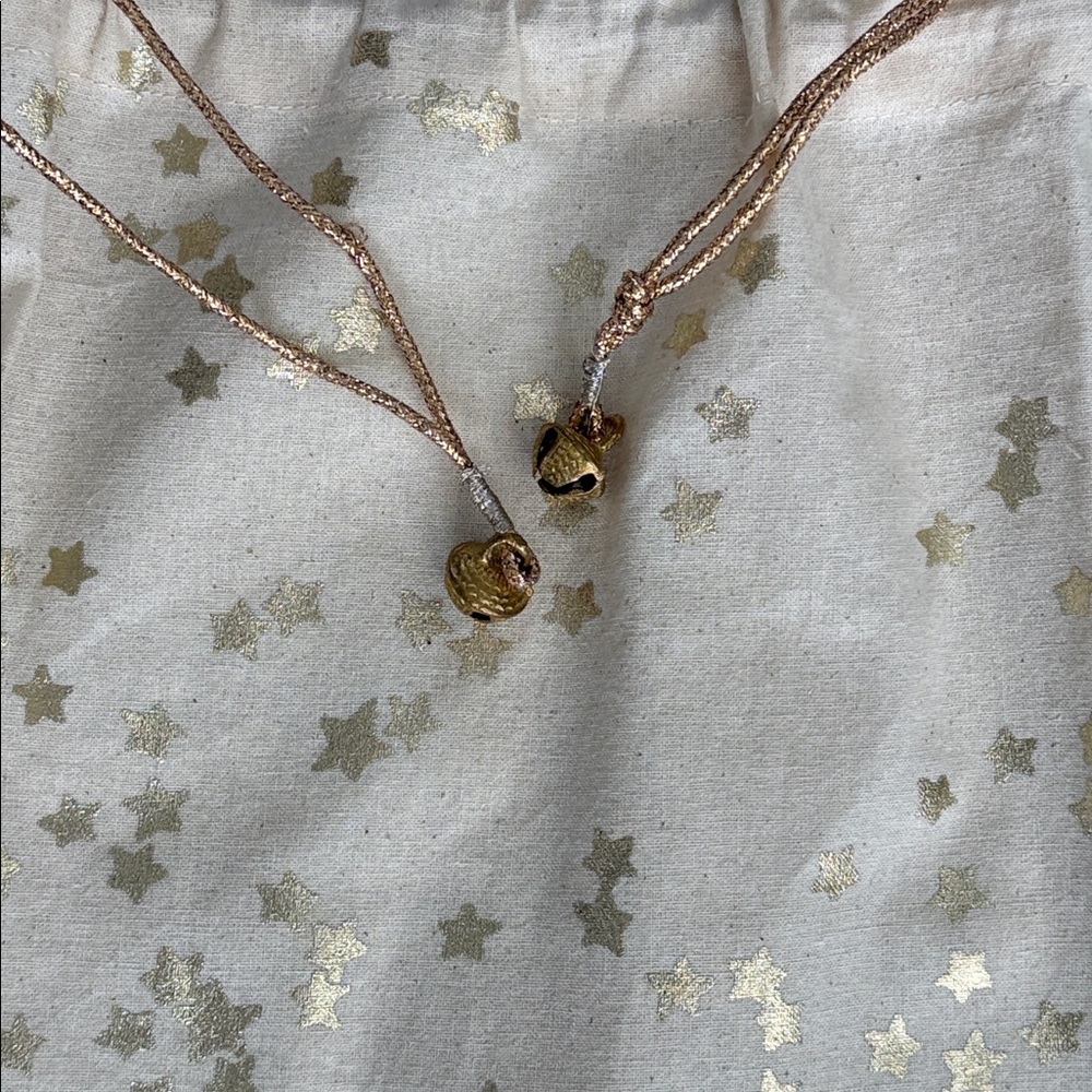 Free People Metallic Gold Stars, Drawstrings, & Bells Linen Satchel Bag 12”x16” - Picture 5 of 6